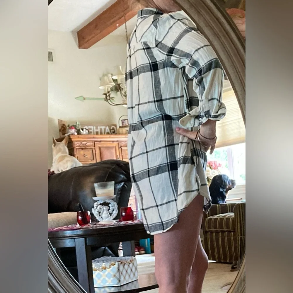 Merona Flannel Plaid White, Black and Gold Tunic Top XL - Picture 5 of 11